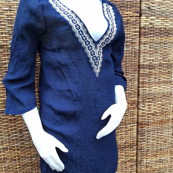 Kona Sol Deep Blue Gauzy Tunic with Elegant Embroidy Swim Cover Up M - Picture 7 of 14